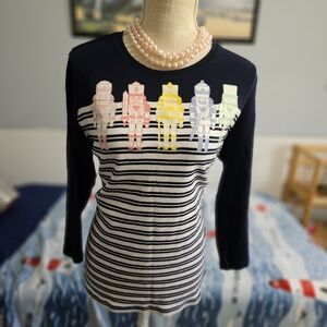 Kim Rogers 3/4 Sleeve Nutcracker Christmas Sweater. Blue & White Stripes Size L.